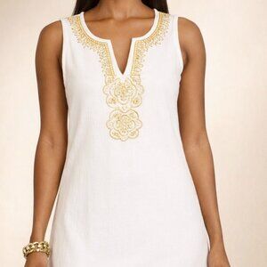 Crown & Ivy White Knit Sleeveless Dress Gold Medallion Trim Sz. Medium Party